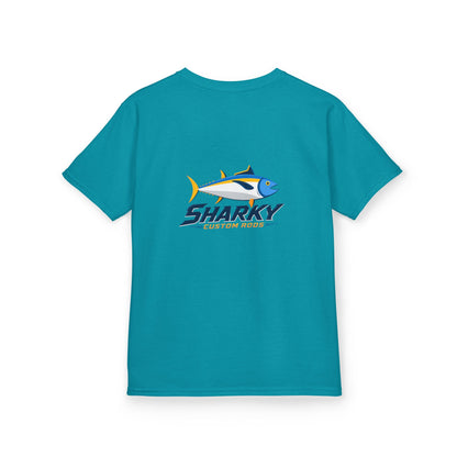 Kids Tee — 'Sharky' Fishing Logo Shirt (Front Pocket & Back Graphic)