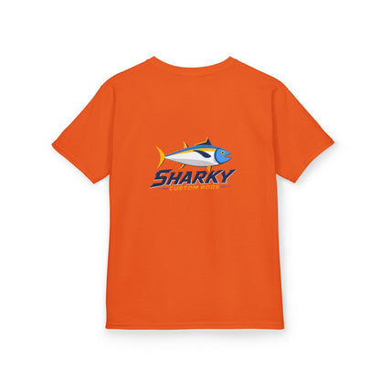 Kids Tee — 'Sharky' Fishing Logo Shirt (Front Pocket & Back Graphic)