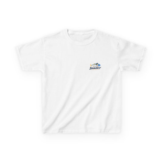 Kids Tee — 'Sharky' Fishing Logo Shirt (Front Pocket & Back Graphic)