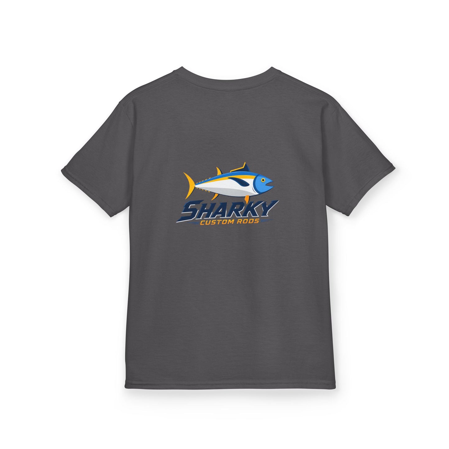Kids Tee — 'Sharky' Fishing Logo Shirt (Front Pocket & Back Graphic)
