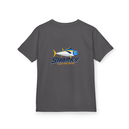 Kids Tee — 'Sharky' Fishing Logo Shirt (Front Pocket & Back Graphic)
