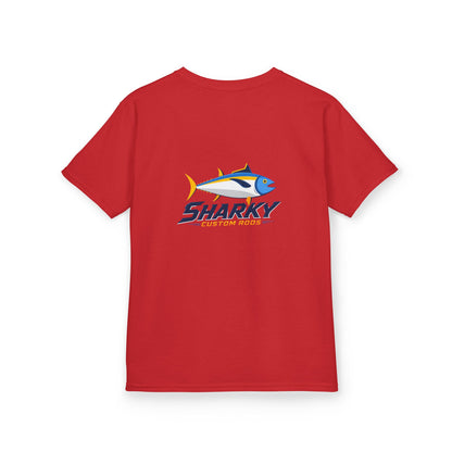 Kids Tee — 'Sharky' Fishing Logo Shirt (Front Pocket & Back Graphic)