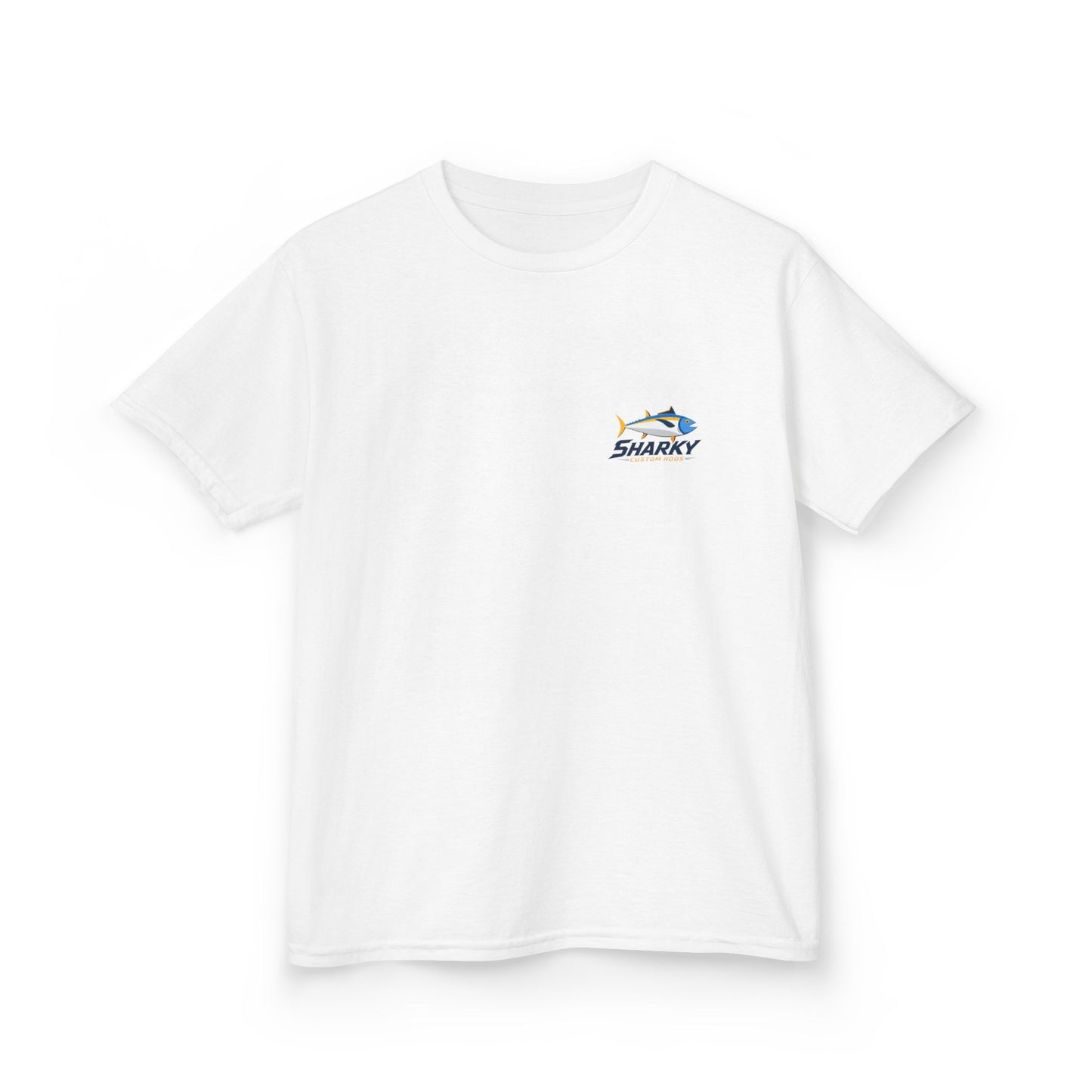 Kids Tee — 'Sharky' Fishing Logo Shirt (Front Pocket & Back Graphic)