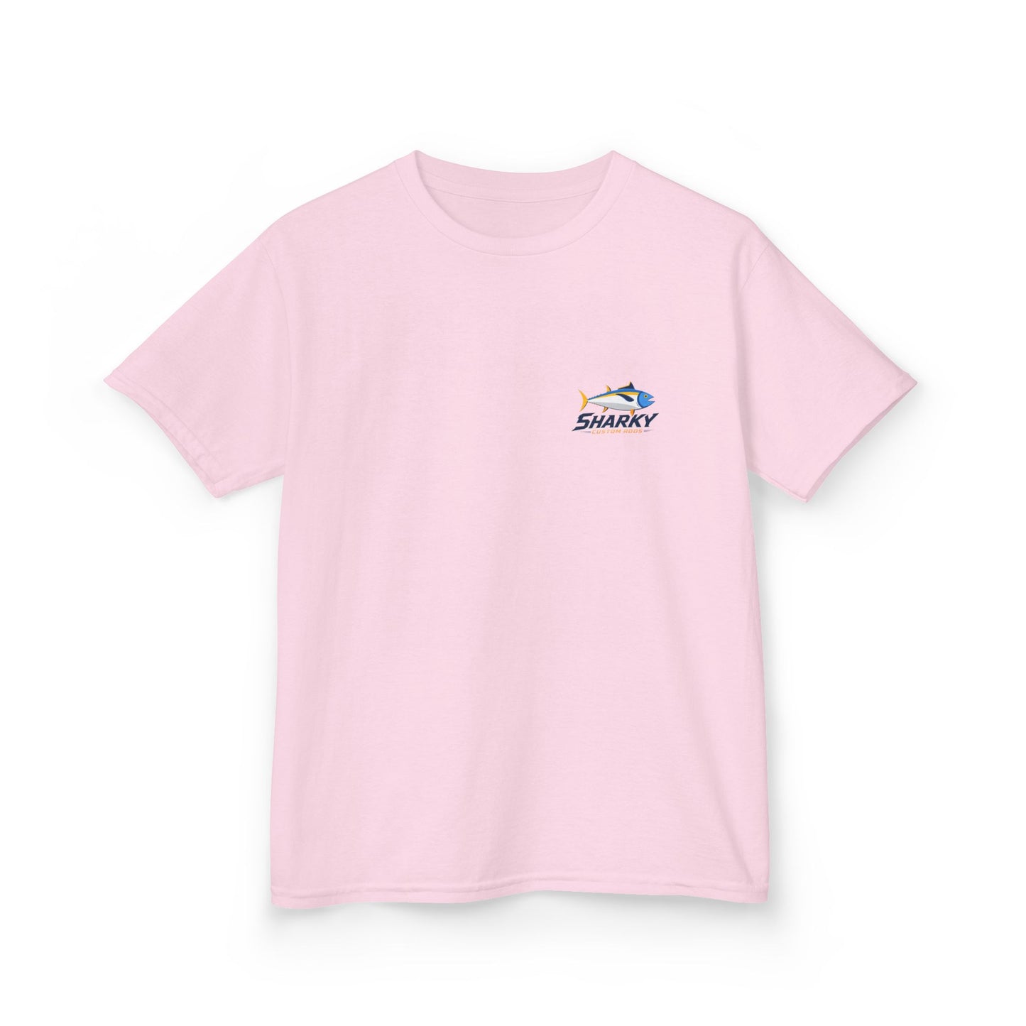 Kids Tee — 'Sharky' Fishing Logo Shirt (Front Pocket & Back Graphic)