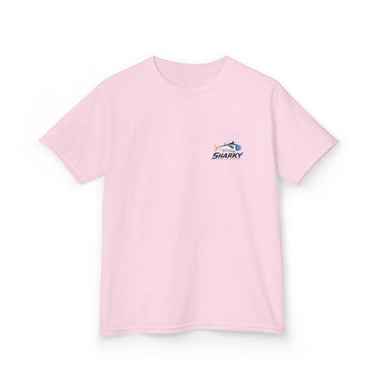 Kids Tee — 'Sharky' Fishing Logo Shirt (Front Pocket & Back Graphic)