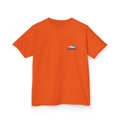 Kids Tee — 'Sharky' Fishing Logo Shirt (Front Pocket & Back Graphic)