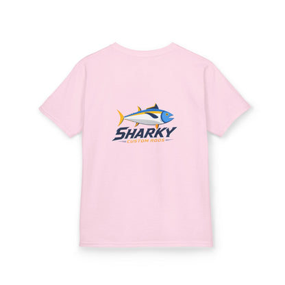 Kids Tee — 'Sharky' Fishing Logo Shirt (Front Pocket & Back Graphic)